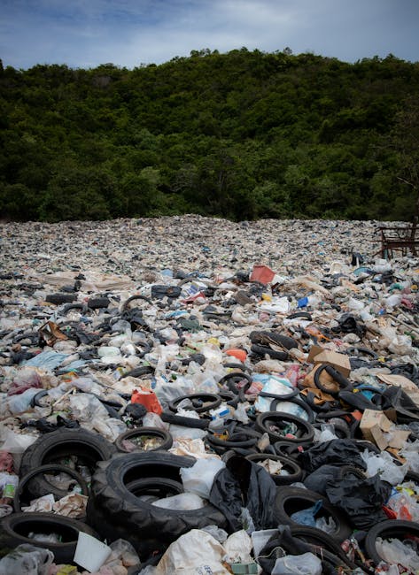 A vast area filled with a large accumulation of mixed waste materials spread across a rocky surface, including various discarded items such as black and grey tires, crumpled plastic bags, cardboard boxes, and other refuse in a chaotic, unorganized manner. The foreground shows the tires prominently, some stacked and others scattered, with worn and dirty surfaces. Plastic bags and packaging materials are tangled among the tires, with some items partially buried under other rubbish. In the background, a stretch of uneven, gravelly terrain extends towards a dense, green hillside covered with trees and shrubs, under a cloudy sky with diffused lighting. The scene exemplifies an environmental disposal site requiring management, typical of illegal dumping or unmanaged waste accumulation, which companies like House Clearance Islington may assist in removing or handling through independent collection methods and private disposal services to prevent further environmental impact.